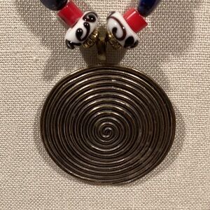Colorful Beaded Bohemian Necklace with Spiral Brass Pendant